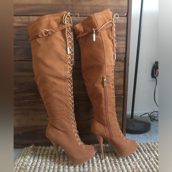 Sexy faux suede rust/tan over-the-knee peep toe boot - Picture 7 of 17